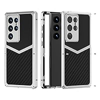 HUALIMEI Luxury Carbon Fiber with Aluminum Case for Samsung Galaxy S24 Ultra, Military Shockproof Protective Phone Cover Full Body Heavy Duty Protection for Men Silver