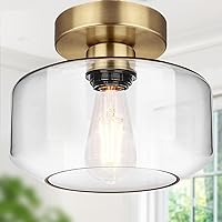 Industrial Semi Flush Mount Ceiling Light Brass, 800 Lumen LED Bulb Included, Clear Glass Shade Ceiling Light Fixture, Light Fixture for Hallway Bathroom Bedroom, Vintage Hanging Light Fixtures