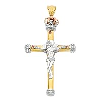Solid 14k Yellow White Rose Gold Crucifix Charm CZ Jesus Cross Pendant Crown Religious Fancy 47 x 72 mm