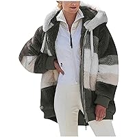 TUNUSKAT Womens Winter Color Block Fleece Jacket Thick Warm Sherpa Coat Zip Up Hoodie Soft Cozy Shaggy Thermal Hooded Outwear