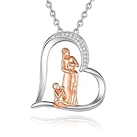 INFUSEU 925 Sterling Silver Necklace Heart Shape with Mother and Child Hand in Hand Heart Pendant Women Mothers Day Gift for Wife Girlfriend Mom