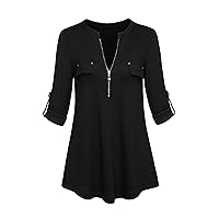 EFOFEI Womens Casual V Neck 3/4 Rolled Sleeve Tunic Zip Up Solid Color Blouse Tops with Pockets