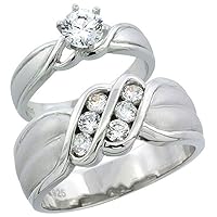 Sterling Silver Cubic Zirconia Engagement Rings Set for Him & Her Channel Set 6mm Man's Wedding Band
