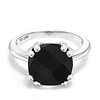 Gem Stone King 925 Sterling Silver Black Onyx Engagement Double Prong Ring For Women (3.60 Cttw, Cushion Checkerboard 10MM, Gemstone Birthstone, Available In Size 5, 6, 7, 8, 9)