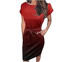 Women Gradient Bowknot Waist-Defined Pencil Dresses Short Sleeve Crewneck Casual Fashion Summer Slim Sheath Dress