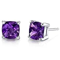 Peora Solid 14K White Gold Amethyst Stud Earrings for Women, Genuine Gemstone Birthstone, Hypoallergenic Solitaire, 6mm Cushion Cut, AAA Grade, 1.75 Carats total, Friction Back