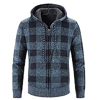 Men's Zip Up Hooded Fleece Cardigan Sweater Winter Sherpa Lined Jacket Plaid Hoodies with Pockets