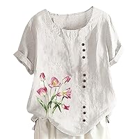 Women's Cotton Linen Tops Round Neck Short Sleeve Fashion Floral Print Blouse Shirts Casual Summer Button Tunic Tee