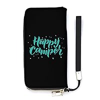 Happy Camper Wristlet Wallet Leather Long Card Holder Purse Slim Clutch Handbag for Women