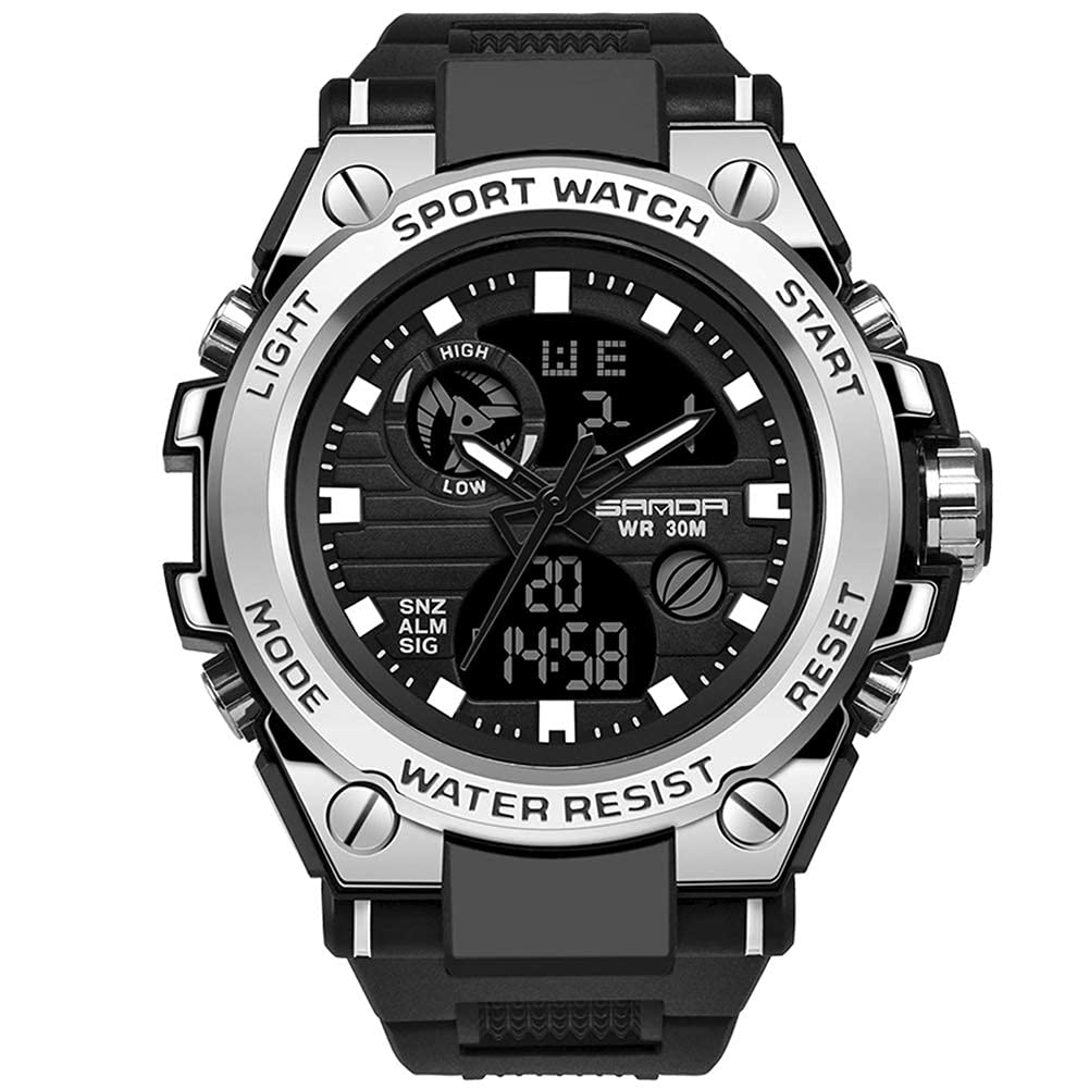 WISHFAN Men’s Digital Sports Watch, Multi-Functions Dual-Display Tactical Watch for Men with Backlight (Silver)