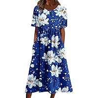 SNKSDGM Womens Summer Short Sleeve Casual Dresses Wrap V Neck Boho Print Elastic Waist Sundress with Pocket