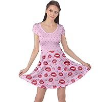 CowCow Womens Cute Pink Valentine Day Love Heart Pattern Short Sleeve Skater Dress, XS-5XL