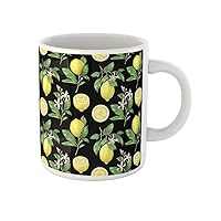 Coffee Mug Green Black Lemon Pattern on Watercolor Yellow Botanical Branch 11 Oz Ceramic Tea Cup Mugs Best Gift Or Souvenir For Family Friends Coworkers