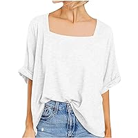 Women Oversized T-Shirt Summer Casual Short Sleeve Loose Tee Tops Roll Sleeve Square/V Neck Plain Solid Blouse