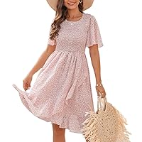 Summer Women's Smocked Ruffle Mini Dress Elegant Round Neck Short Sleeves Printed Party Dress