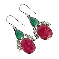 Ruby & Emerald Gemstone 925 Solid Sterling Silver Dangle Earrings Gorgeous Designer Jewellery For Girls