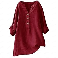 Women's Oversized V Neck T Shirts 3/4 Sleeve Button Up Tunic Tops Solid Color Loose Fit Blouse Roll Sleeve Tees