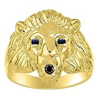 Rylos Mens Rings 14K Yellow Gold Lion Head Ring Genuine Black Diamond Mouth & Gemstone Colorstones in Eyes Fun Designer Rings For Men Men's Rings Gold Rings Sizes 6,7,8,9,10,11,12,13 Mens Jewelry