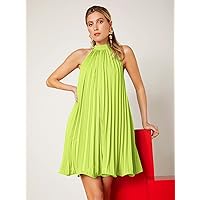 Summer Dresses for Women 2022 Tie Back Pleated Dress (Color : Lime Green, Size : XS)
