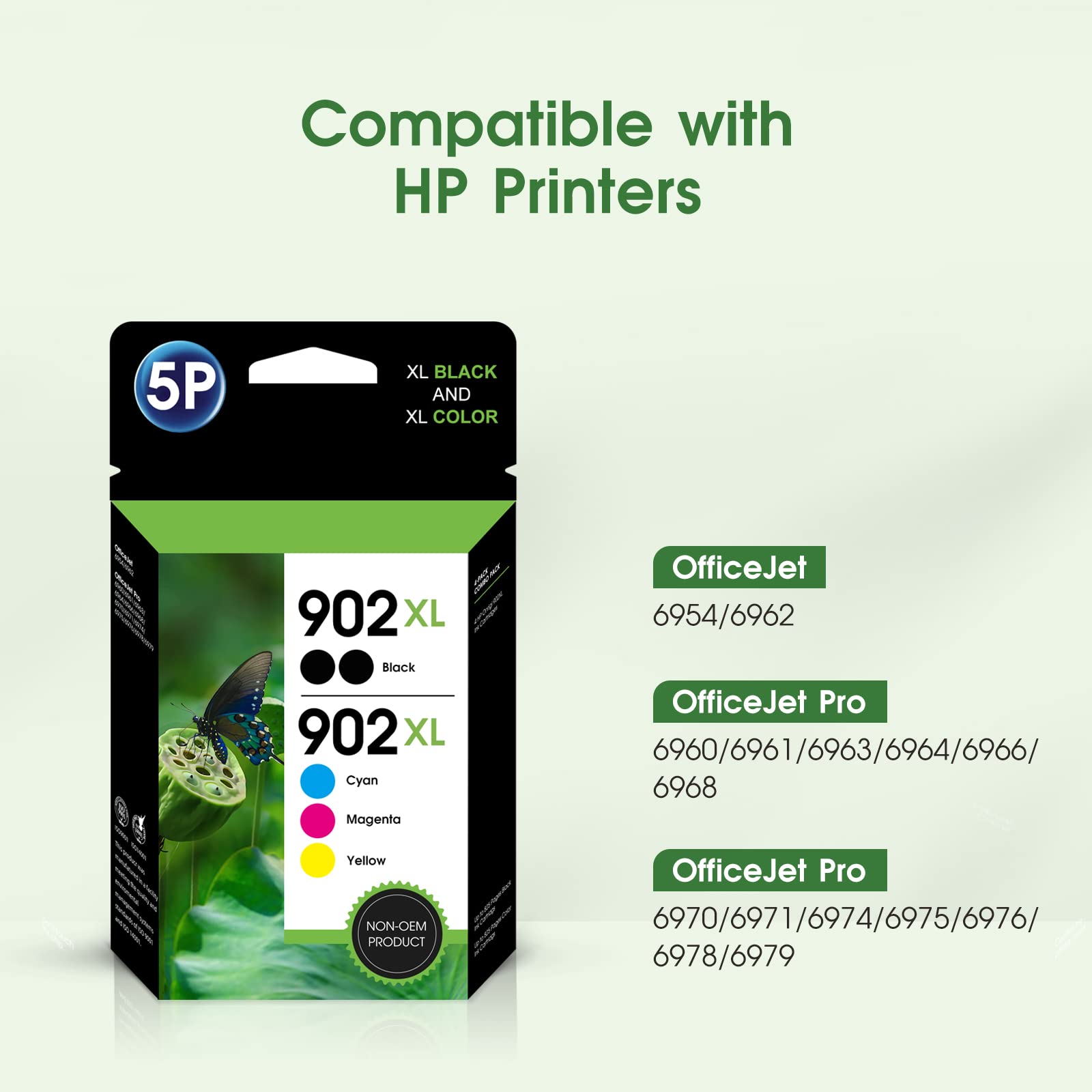 902XL Ink Cartridge Compatible for HP 902 XL 2 Black, Cyan, Magenta, Yellow Ink Cartridges (5 Combo Pack) Work with Officejet Pro 6978 6968 6970 6960 6962 6958 6954 6950 6951 Printers
