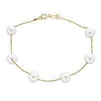 Bridal Tin Cup Pink Black White Freshwater Cultured 7MM Pearl Genuine Gemstone Green Jade Chain Station Pearls Bracelet For Women Wedding Yellow Gold Plated .925 Sterling Silver 7, 7.5, 8 Inch