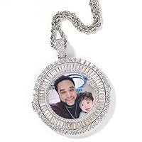 Custom Iced Out Personalized Photo Memory Pendent Hip Hop Copper Base 18K Gold Plated Cubic Zirconia Simulated Diamond Medallions Necklace for Men Women with Stainless Steel Rope Chain