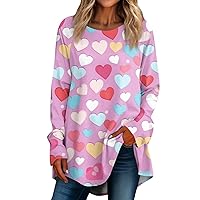 Girls Valentine Shirts, Women's Loose Casual Round Valentine's Day Printed Long-Sleeved Plus Size T-Shirt Top