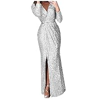 Women Fashion Sexy V-Neck Club Party Dress Solid Color Long-Sleeve Side Split Sparkle Glitter Sheath Maxi Dress