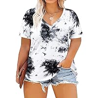 RITERA Plus Size Women's Casual Tops Short Sleeve V-Neck Shirts Summer Blouse Tie Dye T-Shirt White Black 2XL