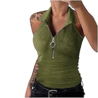 Women's Ribbed Knit Tank Tops Halter Zipper Lapel Shirts Summer Casual Sleeveless Slim Fitted Cami Shirt Y2K Clothes