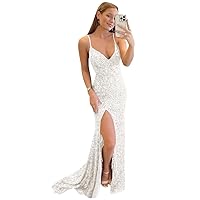 Women's Sequin Prom Dresses Long Sparkly Mermaid Backless Formal Evening Party Gowns with Slit