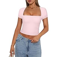 Women Square Neck Short Sleeve Crop Tops Sexy Slim Fit Y2K Going Out Tops Solid Basic Tight Cropped T Shirts