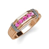 Round Pink Sapphire 5 Stone Men Wedding Ring 1/2 ctw in 14K Gold