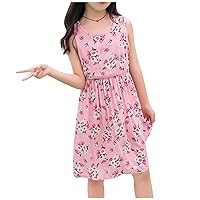 Girls Summer Dress Boho Floral Sleeveless Midi Dress High Waist Pleated Flowy Swing Dresses for Kids 3-15 Years