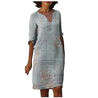 2024 Summer New Vintage African Dresses for Women Sexy V Neck Half Sleeve Knee Length Women's Vacation Trendy Dress Light Gray 3X-Large