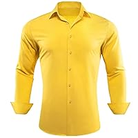Gold Yellow Shirts for Men Long Sleeve Solid Paisley Floral Emboriderd Slim Fit Blouses Casual Lapel Tops