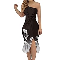 Womens One Shoulder Ruffle Formal Dress Sexy Summer Sleeveless Bodycon Ruched Wrap Split Cocktail Dresses