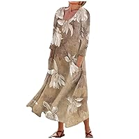 Summer Dresses for Women 2024 Cotton Linen 3/4 Sleeve Crewneck Plus Size Floral Flowy Casual Beach Dresses with Pockets