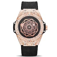 Men's Diamond-Set British Watch Geometric dial Hands Geared Bezel Luminous Indication (Gold Diamond-Black Belt)