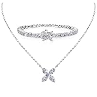 Elegant Dainty Jewelry for Women. Necklace & Bracelet with Flower Pendants. 18K White Gold Plated and Cubic Zirconia.