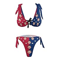 Women's Two Piece Bikini Set Face on Tie Dye American Flag Sexy Tie Shoulder Bikini Swimsuit High Cut Bathing Suits