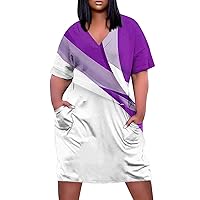 Womens Dresses Summer 2024 Summer Plus Size V-Neck Short Sleeve Print Knee Pocket Casual Dress