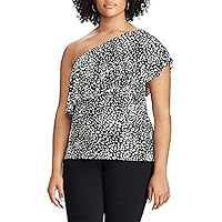 Chaps Women's Plus Size Ruffled One-Shoulder Top, Black/Natural