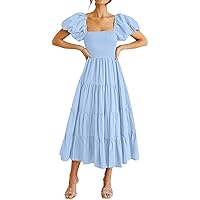 Women's Dresses High Waist Solid Colour Square Neck Backless Bubble Sleeve Pleated Short Dresses, S-XL