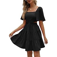 LILLUSORY Womens 2024 Summer Cutout Mini Dresses Short Sleeve Square Neck Crossover Waist Dress
