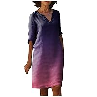 Short Sleeve Pub Shift Tunic Dress Ladie's Modern Summer Thin Lightweight Lady Print Baggy V Neck Button Purple 3XL