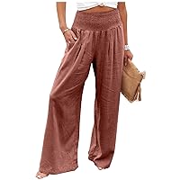 Women Wide Leg Cotton Linen Pants,Summer Boho Beach Yoga Palazzo Pant High Waist Loose Lounge Trousers with Pockets