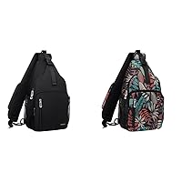 MOSISO 2 Pack Sling Backpack Bag, Crossbody Shoulder Bag Travel Hiking Daypack Chest Bag with Front Square Pocket&USB Charging Port, Black&Creative Plant Leaves