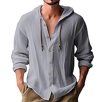 Men's Linen Shirts Long Sleeve Hooded Casual Button Down Shirt Relaxed Fit Hippie Beach Stylish Summer Tops