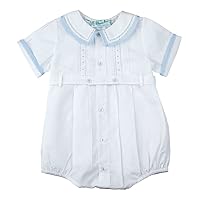 Feltman Brothers Baby Boys White Belted Bubble Outfit with Blue Trim